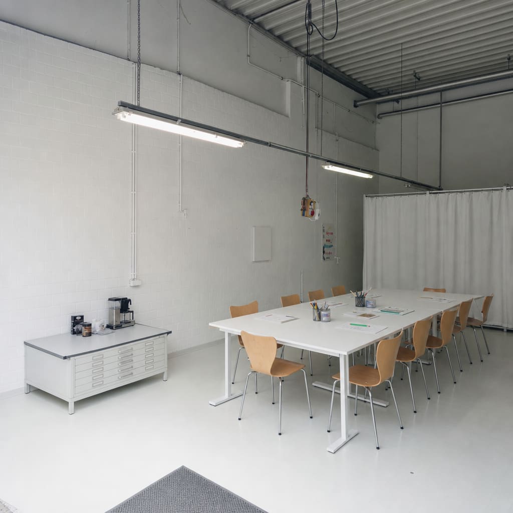 Workshop-Situation in der FRE_FLÄCHE 402 — langer Tisch mit Stühlen für bis zu 12 Personen